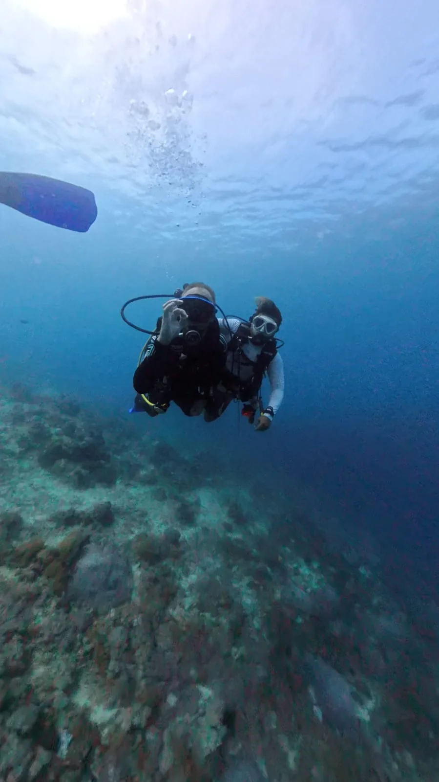 Instructor guiding a beginner scuba diver